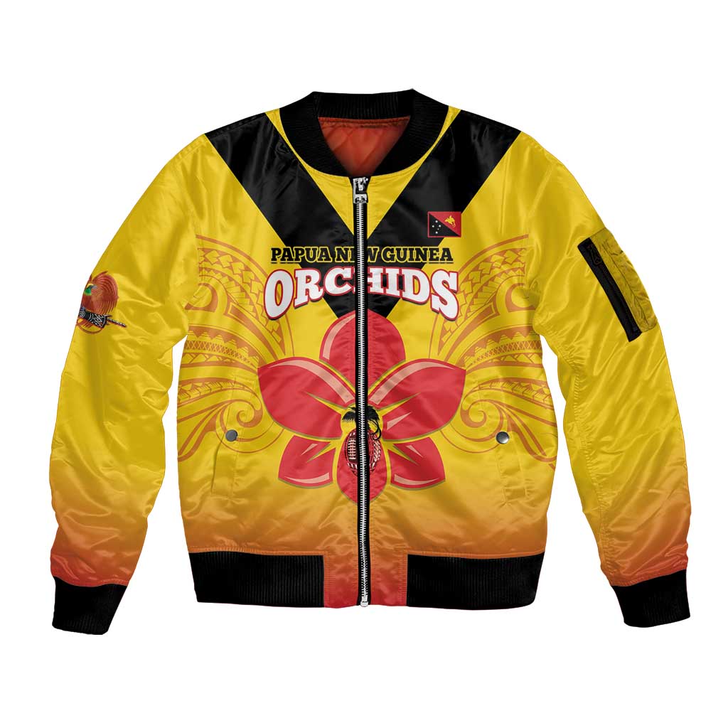 Orchids PNG Rugby Custom Sleeve Zip Bomber Jacket Go Champions Papua New Guinea