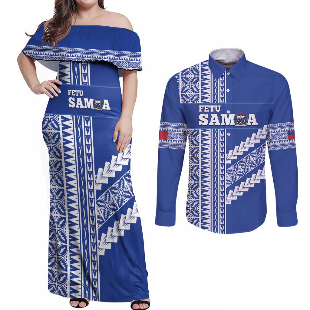 Fetu Samoa Rugby Custom Couples Matching Off Shoulder Maxi Dress and Long Sleeve Button Shirt Siapo Pattern - Sporty Style