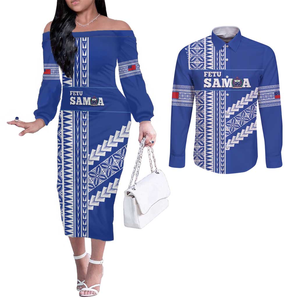 Fetu Samoa Rugby Custom Couples Matching Off The Shoulder Long Sleeve Dress and Long Sleeve Button Shirt Siapo Pattern - Sporty Style