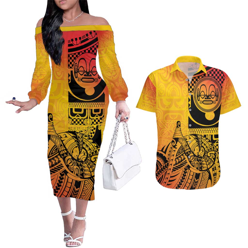 Marquesas Islands Couples Matching Off The Shoulder Long Sleeve Dress and Hawaiian Shirt Marquesan Matatiki Fish Hook Patutiki - Polynesian Pride