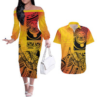 Marquesas Islands Couples Matching Off The Shoulder Long Sleeve Dress and Hawaiian Shirt Marquesan Matatiki Fish Hook Patutiki - Polynesian Pride