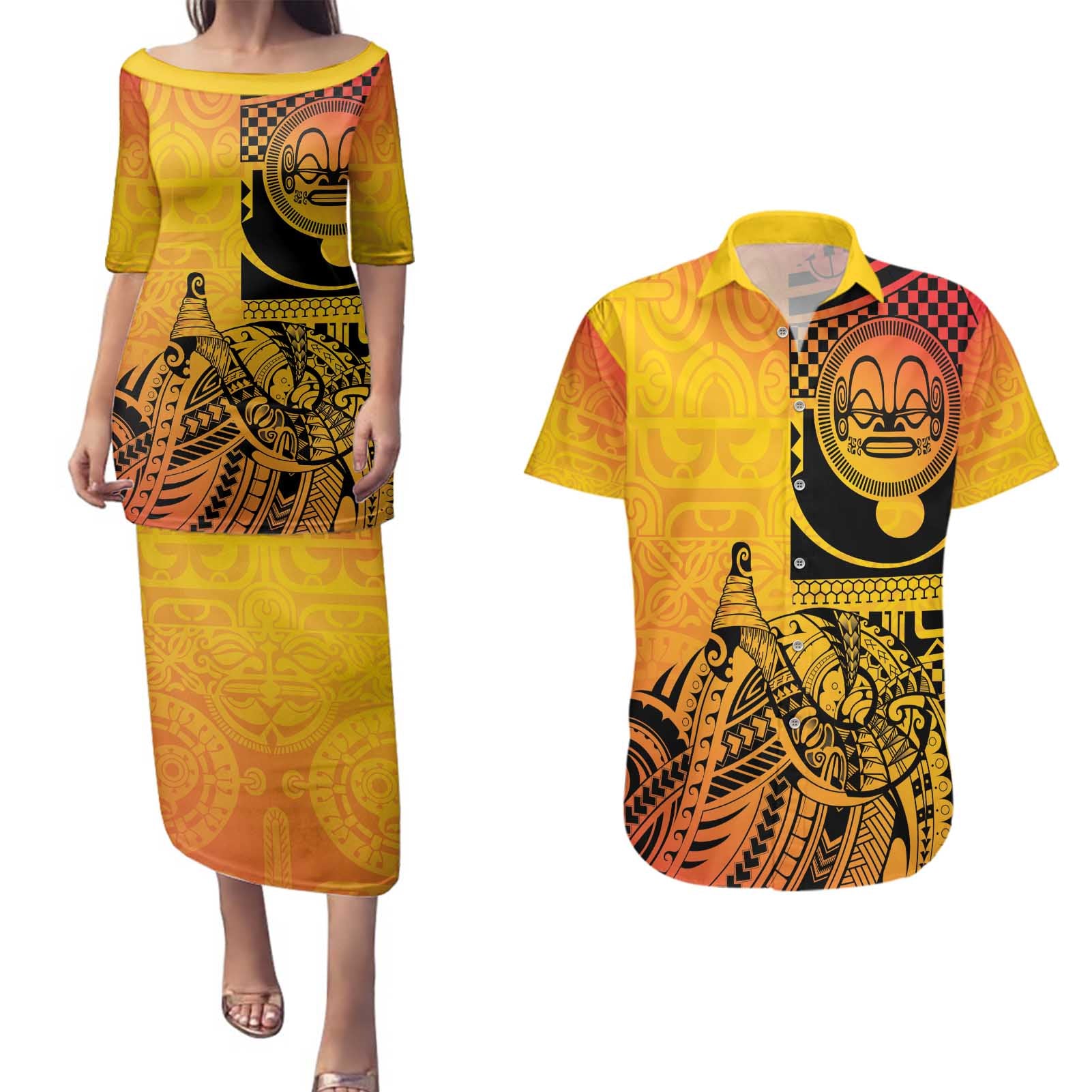 Marquesas Islands Couples Matching Puletasi and Hawaiian Shirt Marquesan Matatiki Fish Hook Patutiki - Polynesian Pride