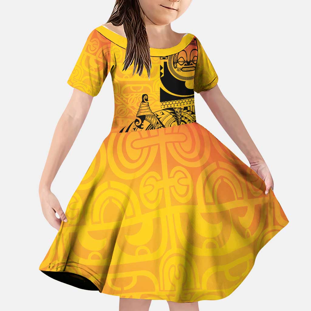 Marquesas Islands Family Matching Summer Maxi Dress and Hawaiian Shirt Marquesan Matatiki Fish Hook Patutiki LT14 Daughter's Dress Yellow - Polynesian Pride