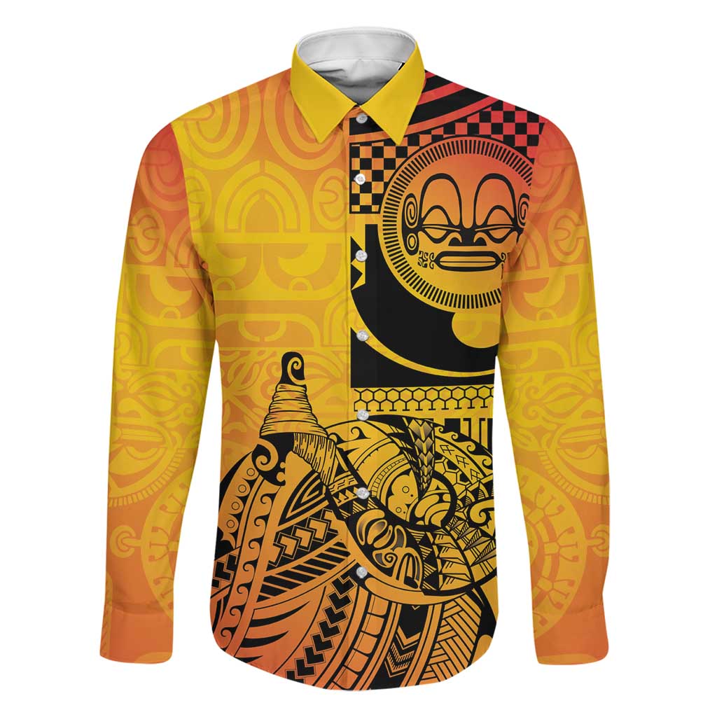 Marquesas Islands Family Matching Summer Maxi Dress and Hawaiian Shirt Marquesan Matatiki Fish Hook Patutiki LT14 Dad's Shirt - Long Sleeve Yellow - Polynesian Pride