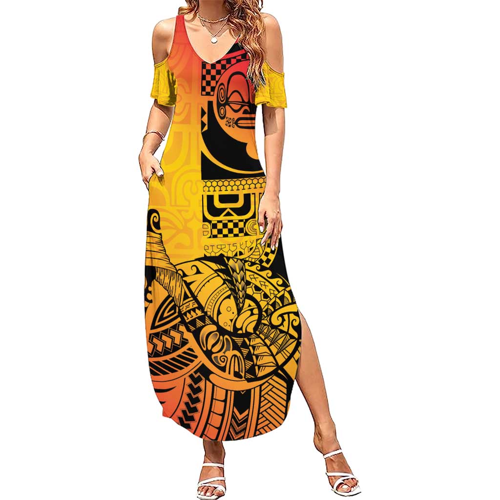 Marquesas Islands Family Matching Summer Maxi Dress and Hawaiian Shirt Marquesan Matatiki Fish Hook Patutiki LT14 Mom's Dress Yellow - Polynesian Pride