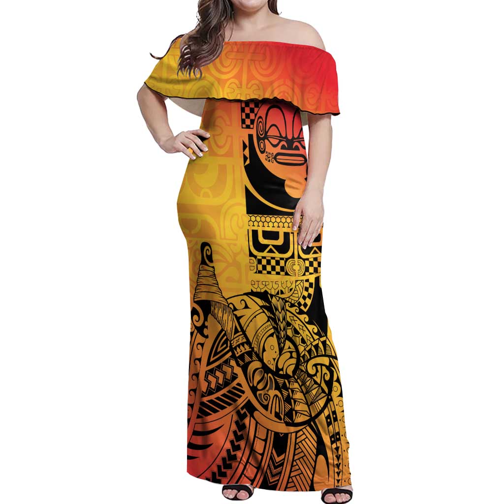 Marquesas Islands Off Shoulder Maxi Dress Marquesan Matatiki Fish Hook Patutiki - Polynesian Pride