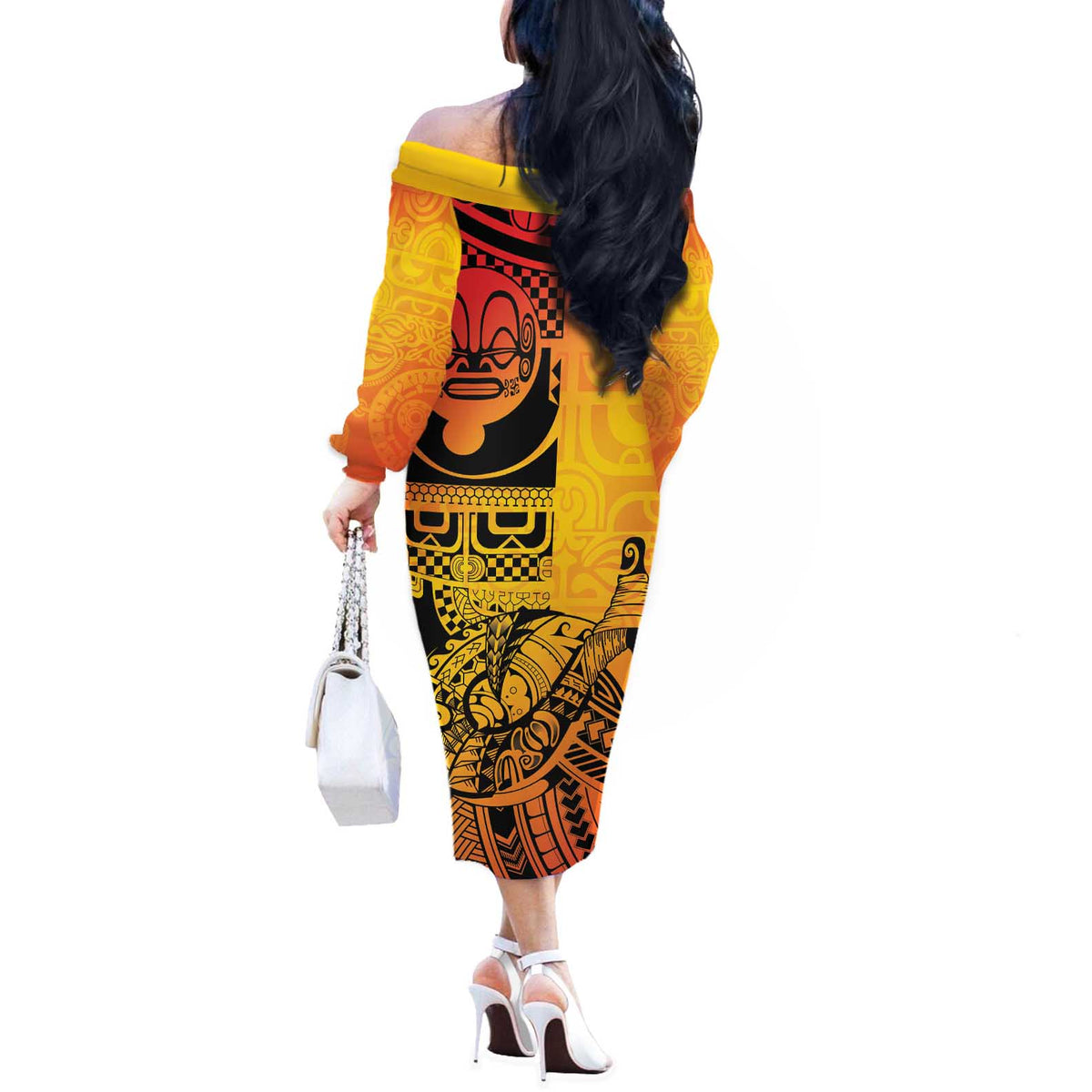 Marquesas Islands Off The Shoulder Long Sleeve Dress Marquesan Matatiki Fish Hook Patutiki - Polynesian Pride