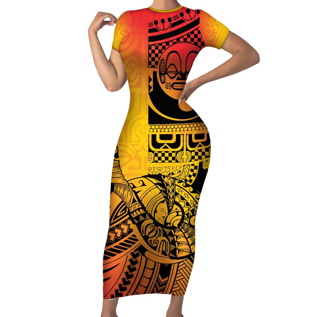Marquesas Islands Short Sleeve Bodycon Dress Marquesan Matatiki Fish Hook Patutiki - Polynesian Pride