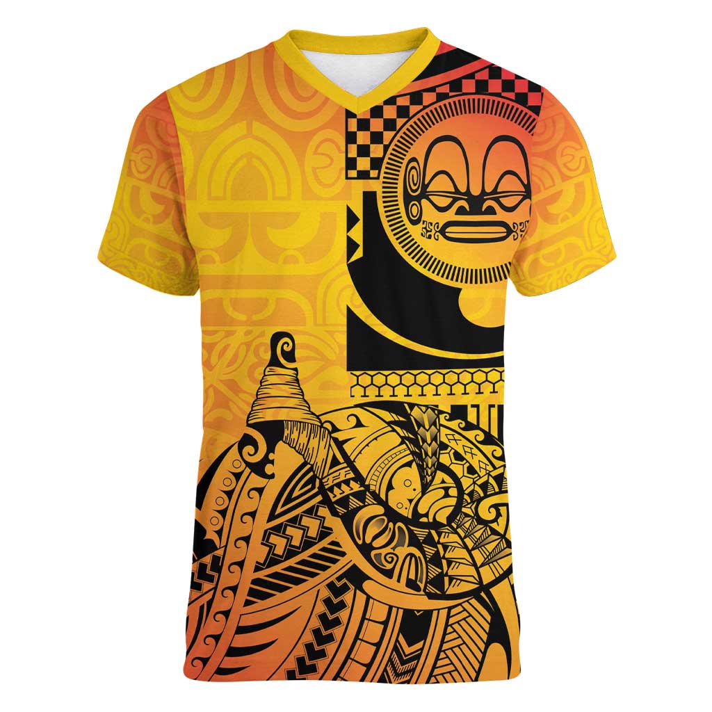 Marquesas Islands Women V-Neck T-Shirt Marquesan Matatiki Fish Hook Patutiki - Polynesian Pride