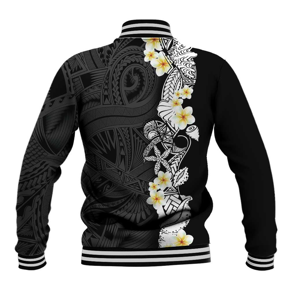 Black Samoa Tattoo Baseball Jacket Plumeria Samoan Ocean Tatau Pattern - Polynesian Pride