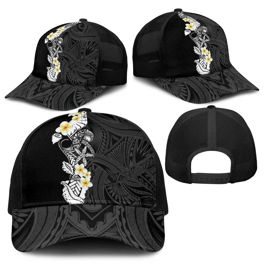 Black Samoa Tattoo Baseball Net Cap Plumeria Samoan Ocean Tatau Pattern - Polynesian Pride