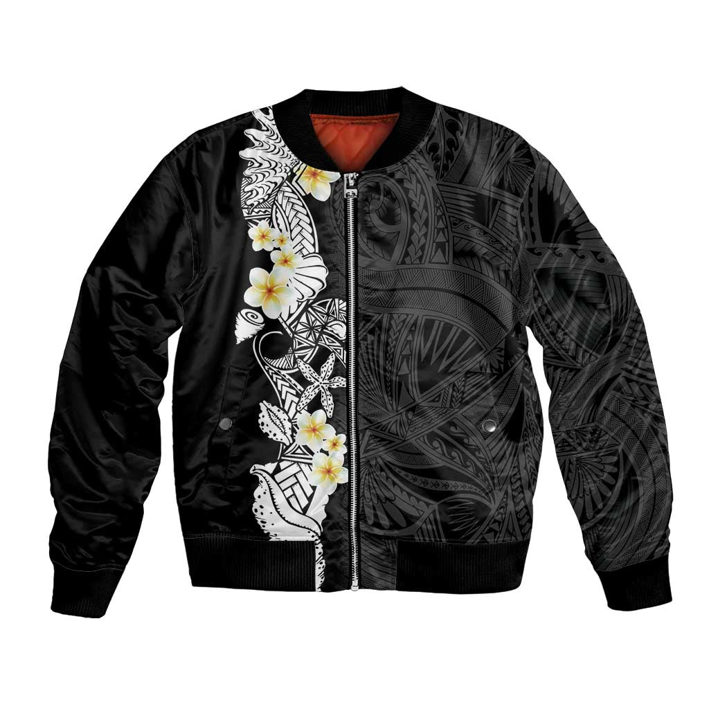 Black Samoa Tattoo Bomber Jacket Plumeria Samoan Ocean Tatau Pattern - Polynesian Pride