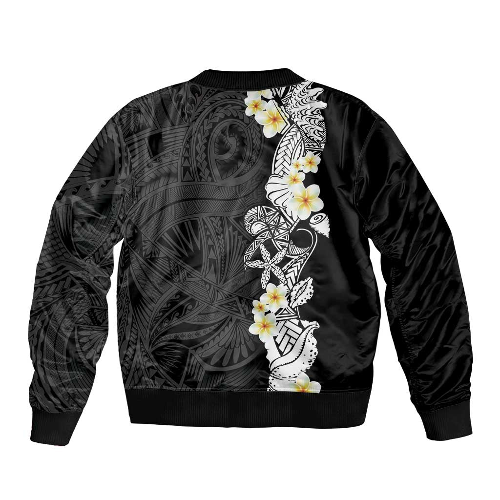 Black Samoa Tattoo Bomber Jacket Plumeria Samoan Ocean Tatau Pattern - Polynesian Pride