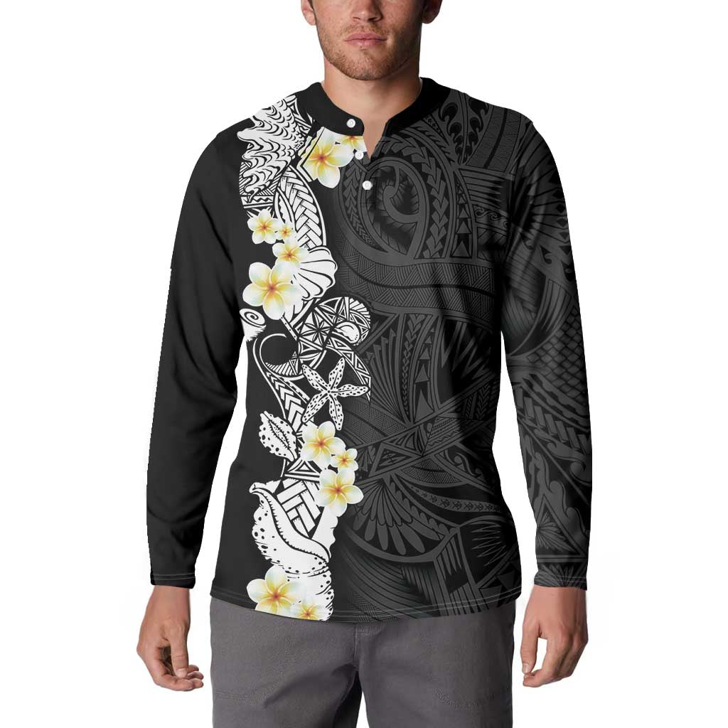 Black Samoa Tattoo Button Sweatshirt Plumeria Samoan Ocean Tatau Pattern - Polynesian Pride