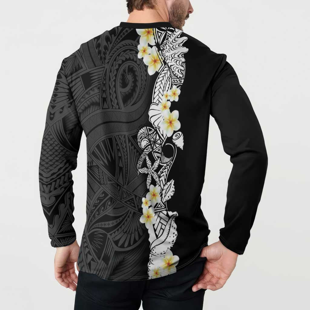 Black Samoa Tattoo Button Sweatshirt Plumeria Samoan Ocean Tatau Pattern - Polynesian Pride