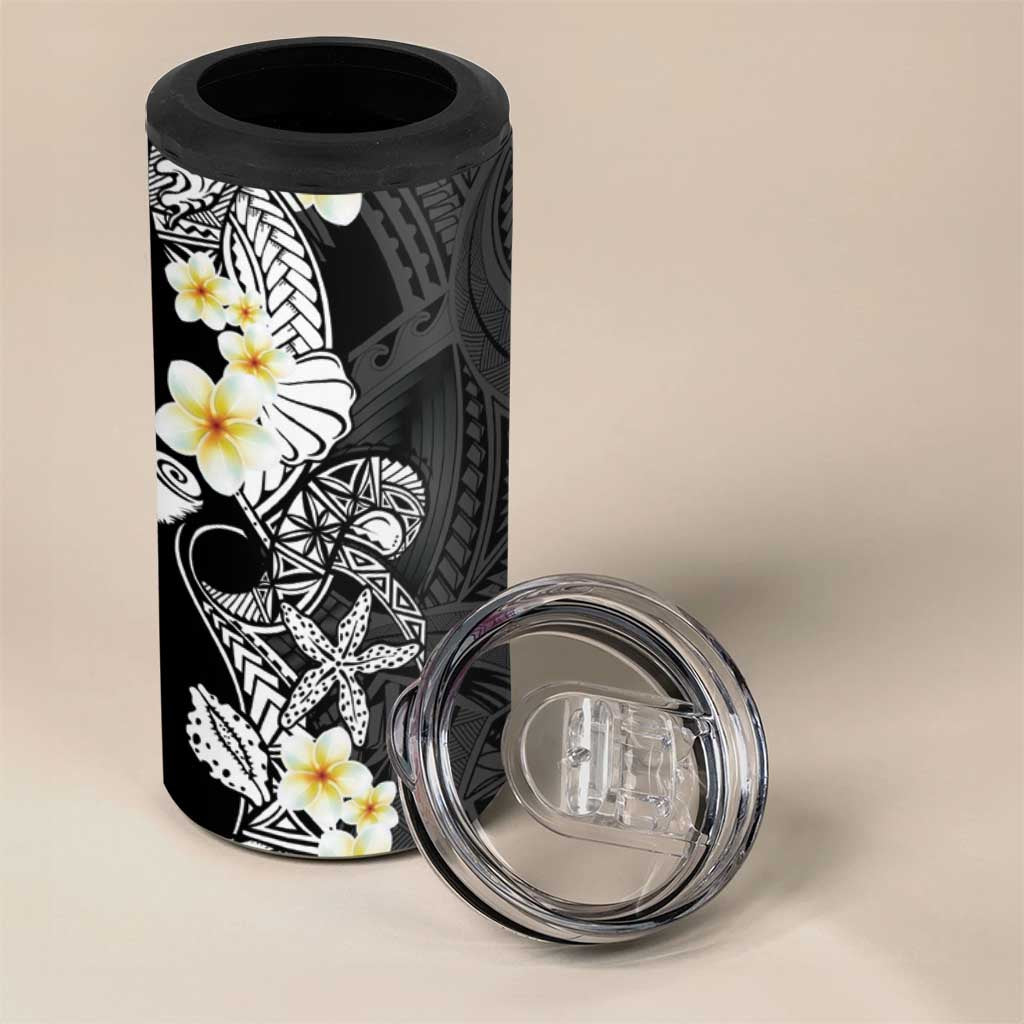 Black Samoa Tattoo 4 in 1 Can Cooler Tumbler Plumeria Samoan Ocean Tatau Pattern - Polynesian Pride