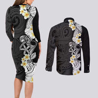 Black Samoa Tattoo Couples Matching Long Sleeve Bodycon Dress and Long Sleeve Button Shirt Plumeria Samoan Ocean Tatau Pattern - Polynesian Pride