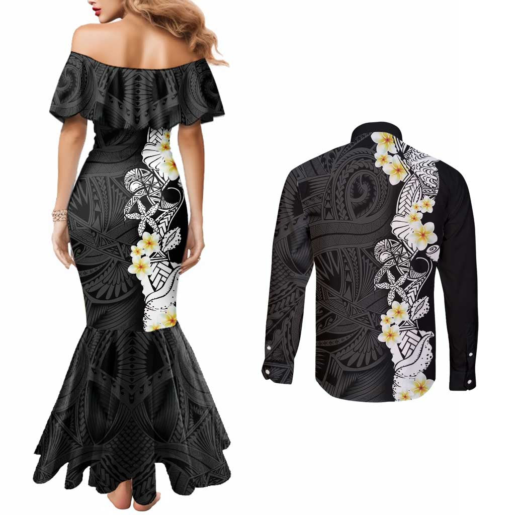 Black Samoa Tattoo Couples Matching Mermaid Dress and Long Sleeve Button Shirt Plumeria Samoan Ocean Tatau Pattern - Polynesian Pride