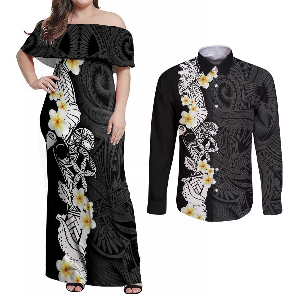 Black Samoa Tattoo Couples Matching Off Shoulder Maxi Dress and Long Sleeve Button Shirt Plumeria Samoan Ocean Tatau Pattern - Polynesian Pride