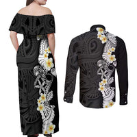 Black Samoa Tattoo Couples Matching Off Shoulder Maxi Dress and Long Sleeve Button Shirt Plumeria Samoan Ocean Tatau Pattern - Polynesian Pride