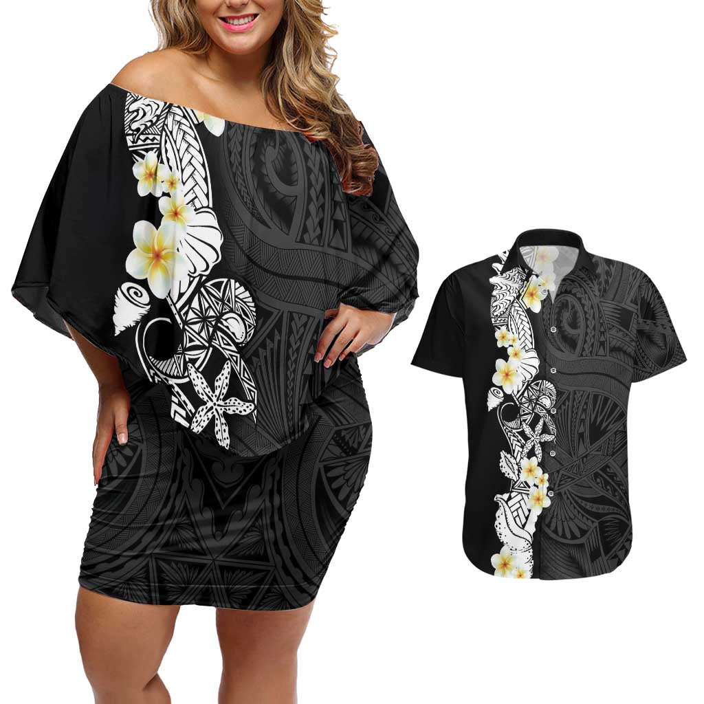 Black Samoa Tattoo Couples Matching Off Shoulder Short Dress and Hawaiian Shirt Plumeria Samoan Ocean Tatau Pattern - Polynesian Pride