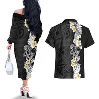 Black Samoa Tattoo Couples Matching Off The Shoulder Long Sleeve Dress and Hawaiian Shirt Plumeria Samoan Ocean Tatau Pattern - Polynesian Pride