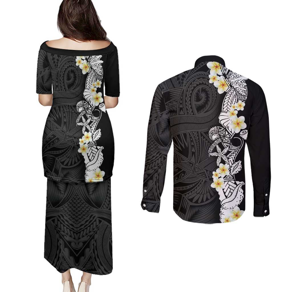 Black Samoa Tattoo Couples Matching Puletasi and Long Sleeve Button Shirt Plumeria Samoan Ocean Tatau Pattern - Polynesian Pride