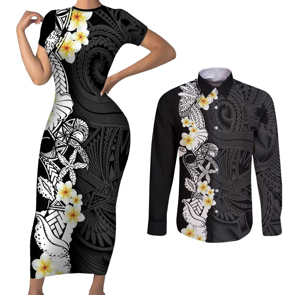 Black Samoa Tattoo Couples Matching Short Sleeve Bodycon Dress and Long Sleeve Button Shirt Plumeria Samoan Ocean Tatau Pattern - Polynesian Pride