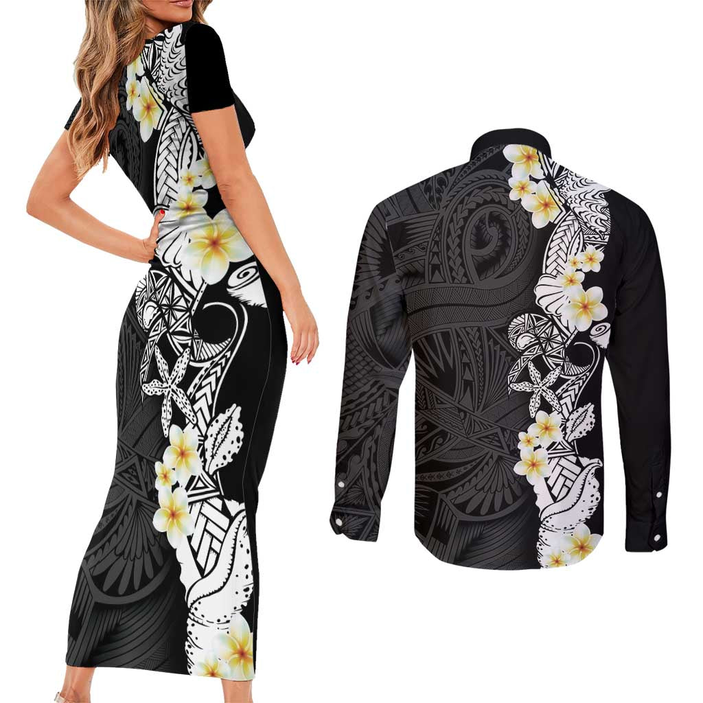 Black Samoa Tattoo Couples Matching Short Sleeve Bodycon Dress and Long Sleeve Button Shirt Plumeria Samoan Ocean Tatau Pattern - Polynesian Pride