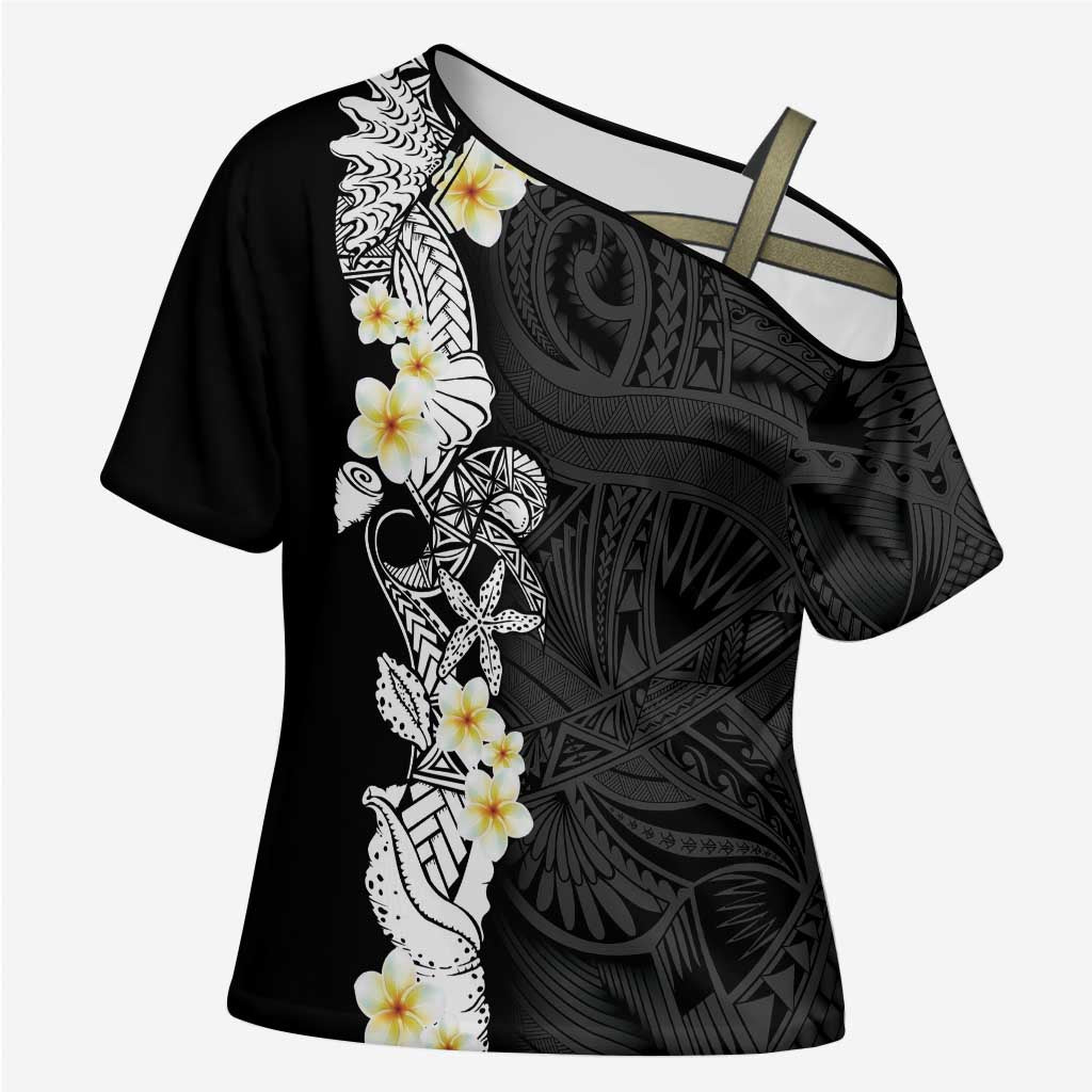 Black Samoa Tattoo Cross Shoulder Shirt Plumeria Samoan Ocean Tatau Pattern - Polynesian Pride