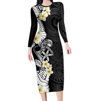 Black Samoa Tattoo Family Matching Long Sleeve Bodycon Dress and Hawaiian Shirt Plumeria Samoan Ocean Tatau Pattern - Polynesian Pride