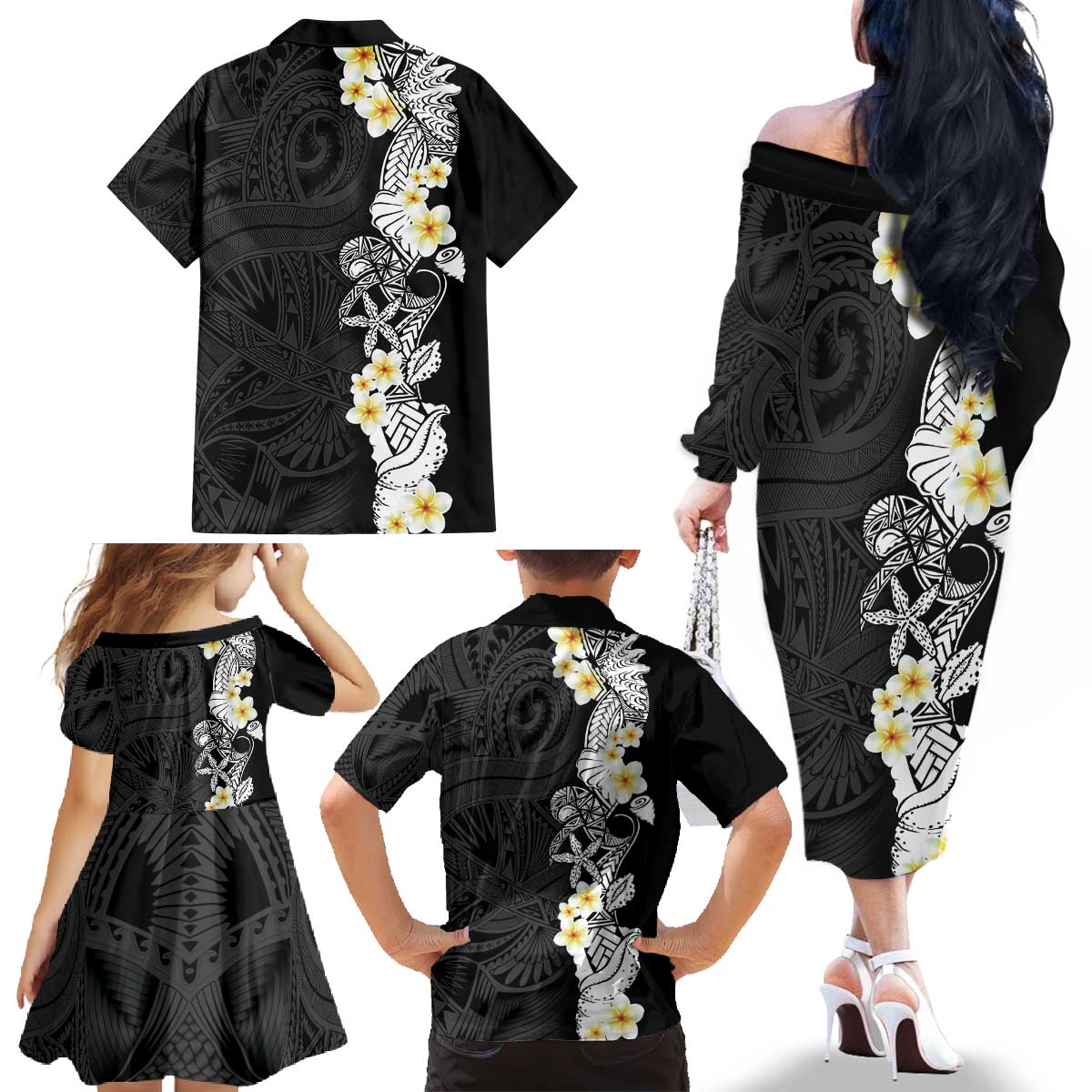 Black Samoa Tattoo Family Matching Off The Shoulder Long Sleeve Dress and Hawaiian Shirt Plumeria Samoan Ocean Tatau Pattern - Polynesian Pride