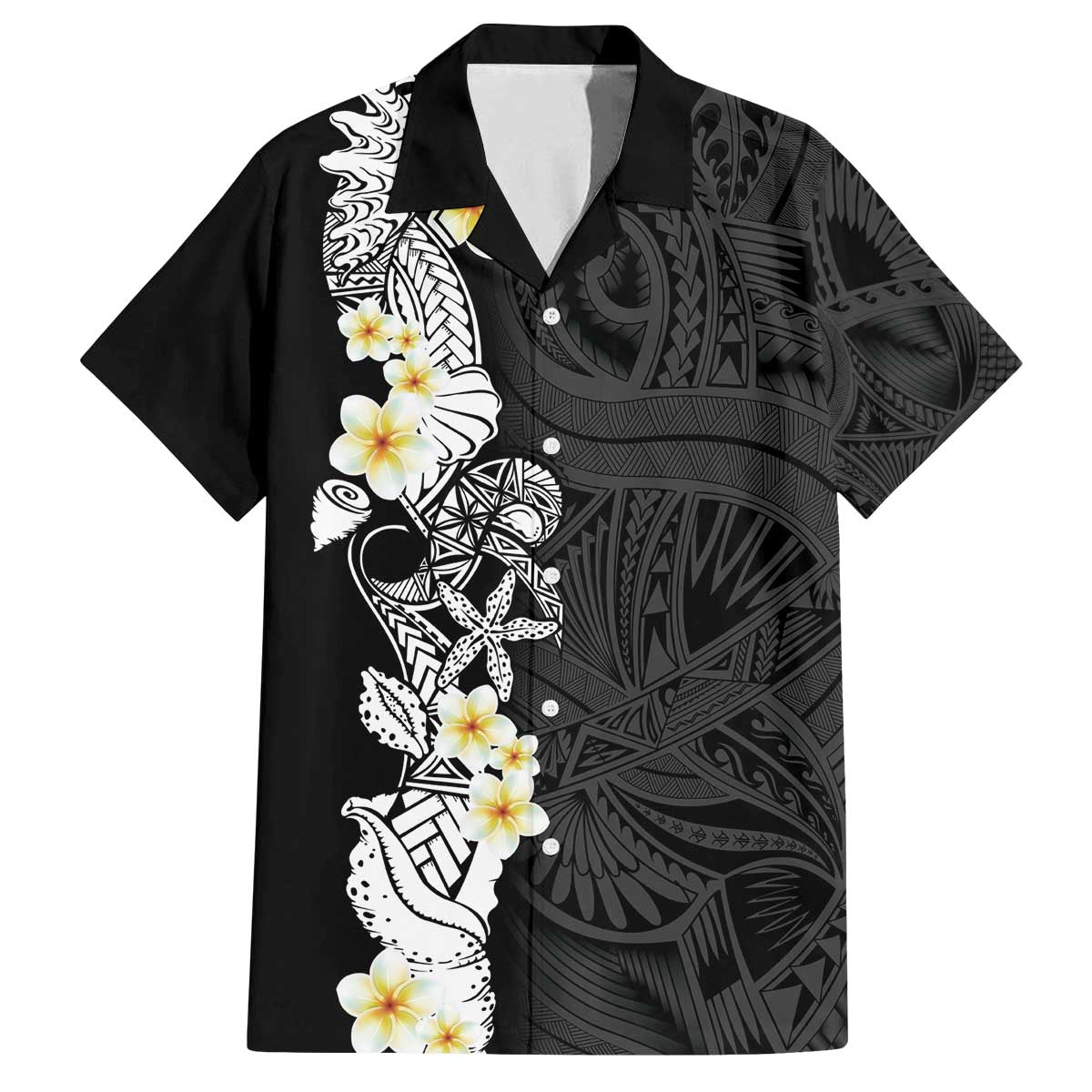 Black Samoa Tattoo Family Matching Off The Shoulder Long Sleeve Dress and Hawaiian Shirt Plumeria Samoan Ocean Tatau Pattern - Polynesian Pride