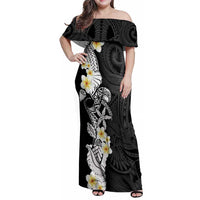 Black Samoa Tattoo Family Matching Off Shoulder Maxi Dress and Hawaiian Shirt Plumeria Samoan Ocean Tatau Pattern - Polynesian Pride