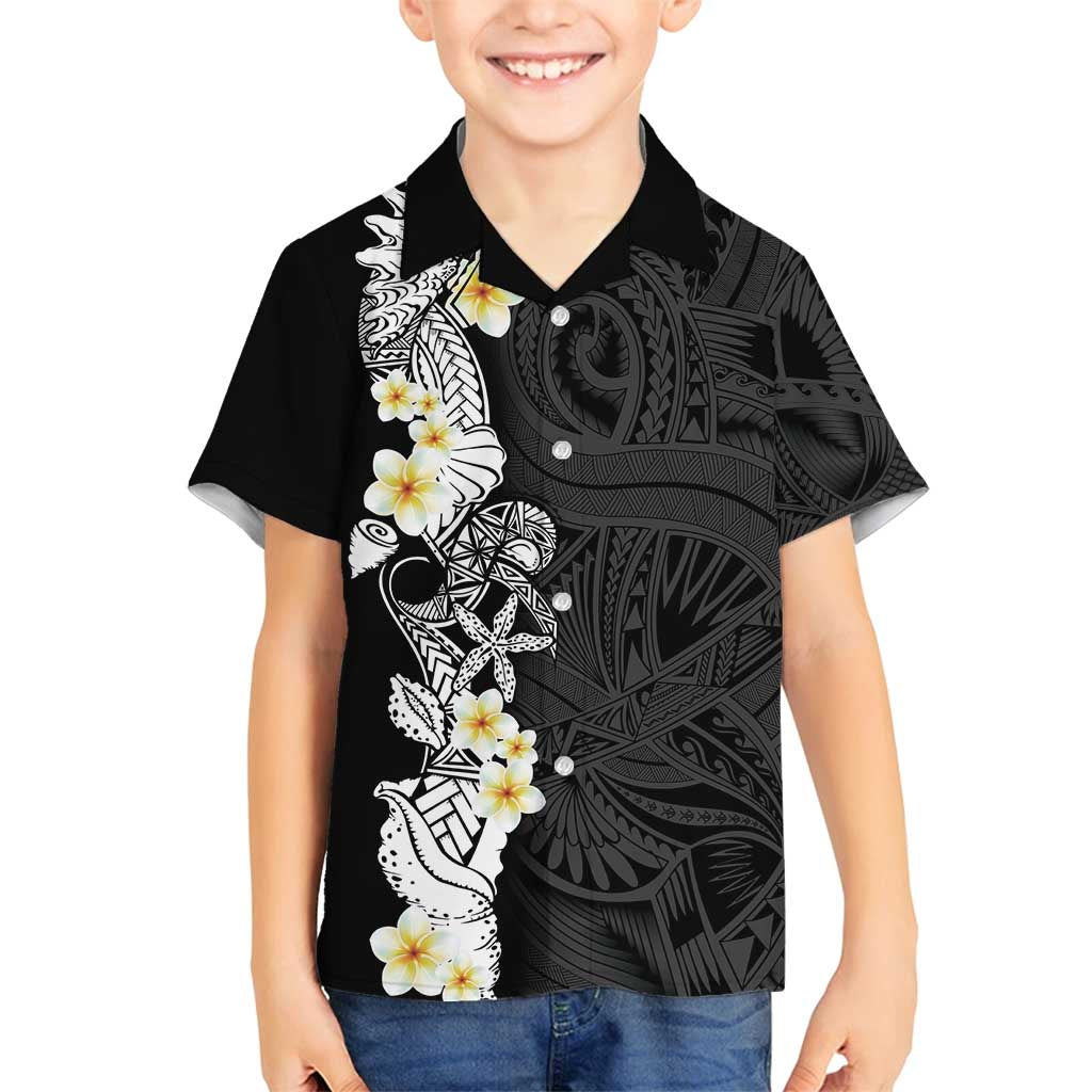 Black Samoa Tattoo Family Matching Off Shoulder Short Dress and Hawaiian Shirt Plumeria Samoan Ocean Tatau Pattern - Polynesian Pride