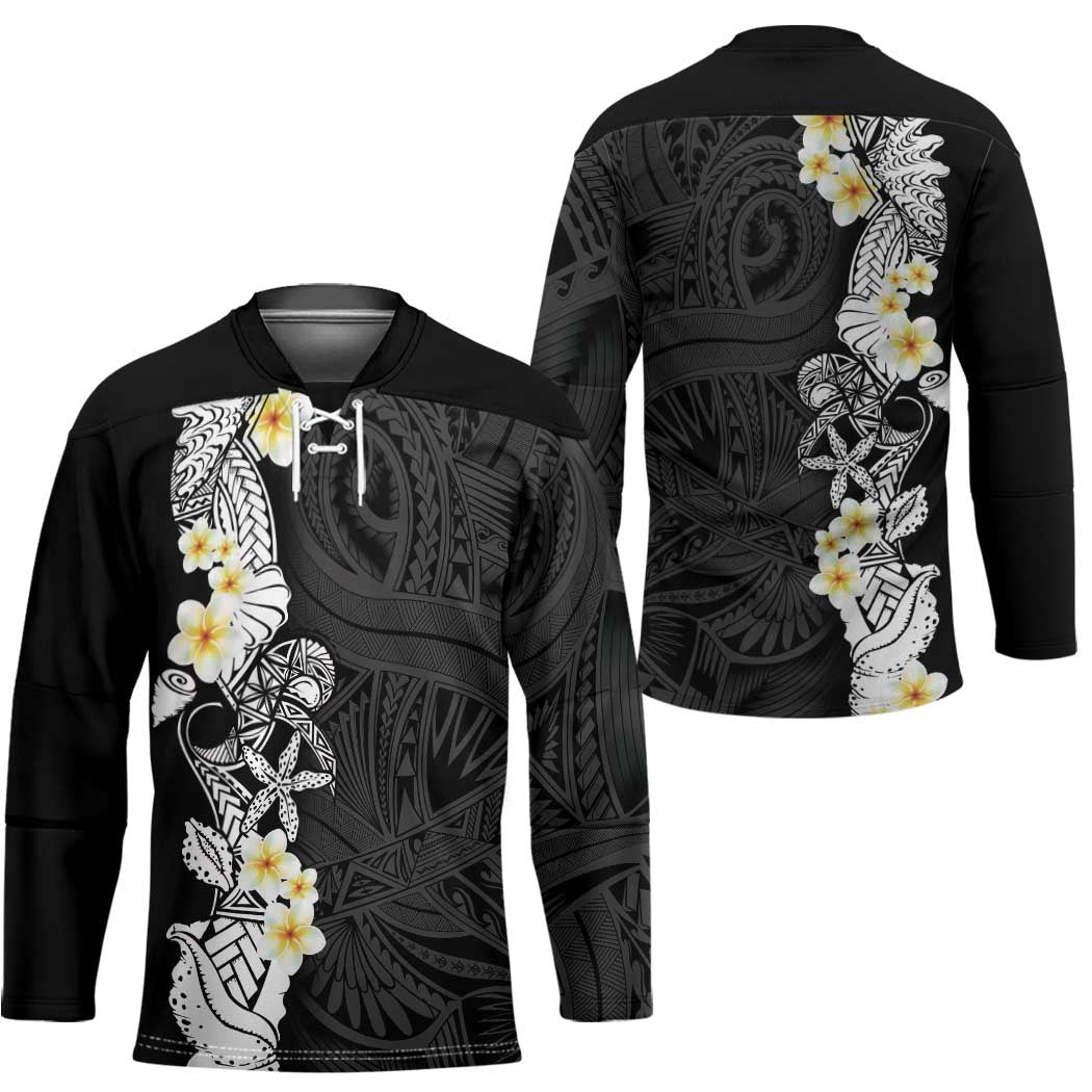 Black Samoa Tattoo Hockey Jersey Plumeria Samoan Ocean Tatau Pattern - Polynesian Pride