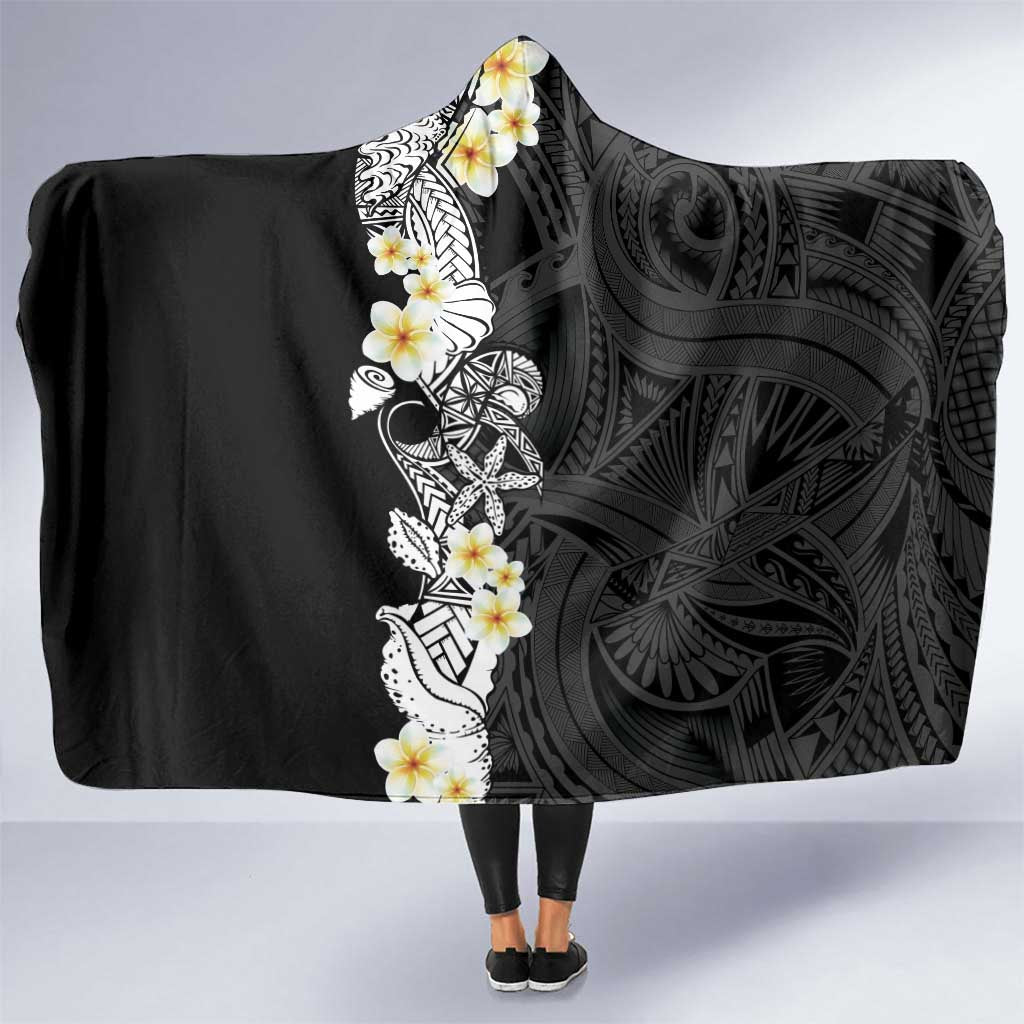 Black Samoa Tattoo Hooded Blanket Plumeria Samoan Ocean Tatau Pattern - Polynesian Pride