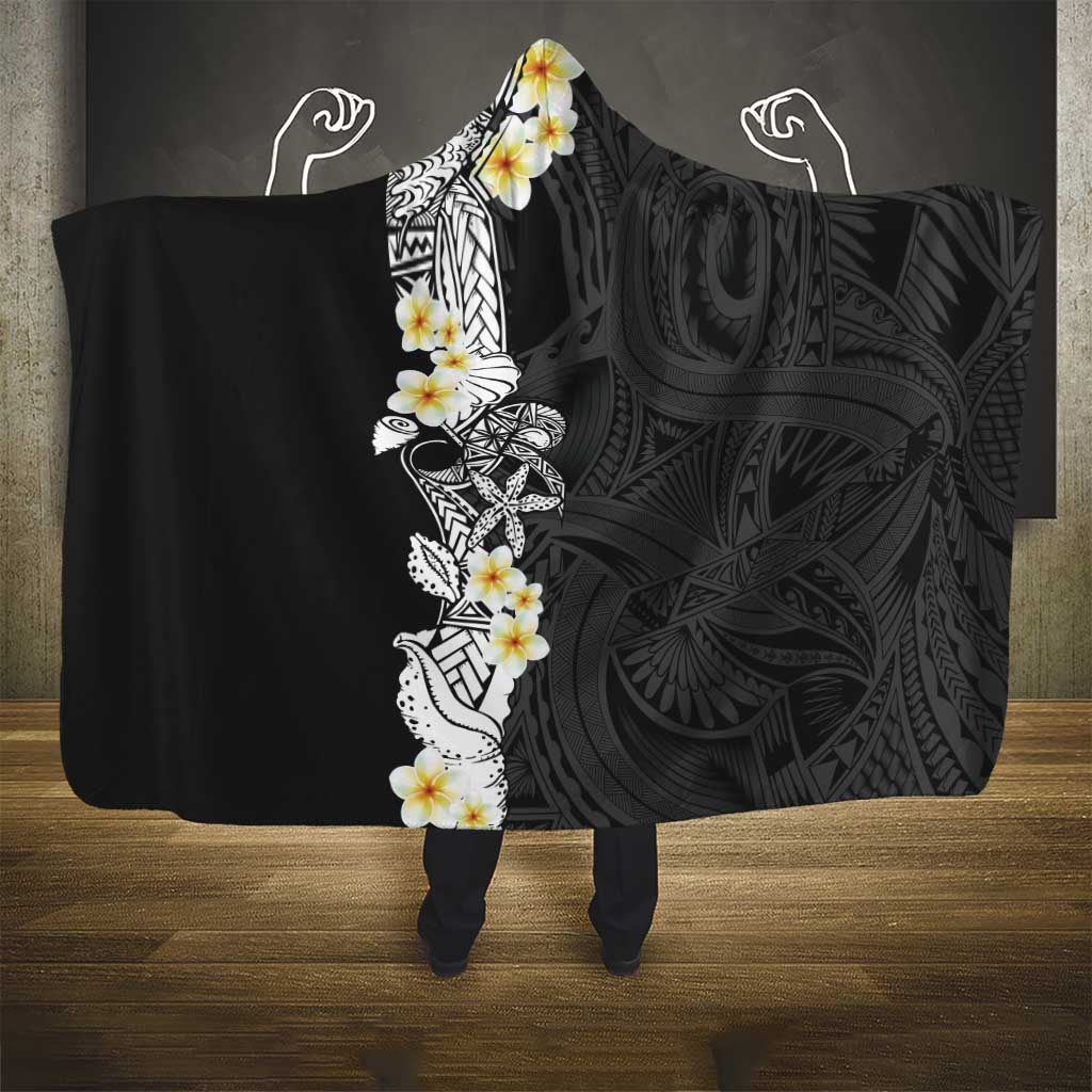 Black Samoa Tattoo Hooded Blanket Plumeria Samoan Ocean Tatau Pattern - Polynesian Pride