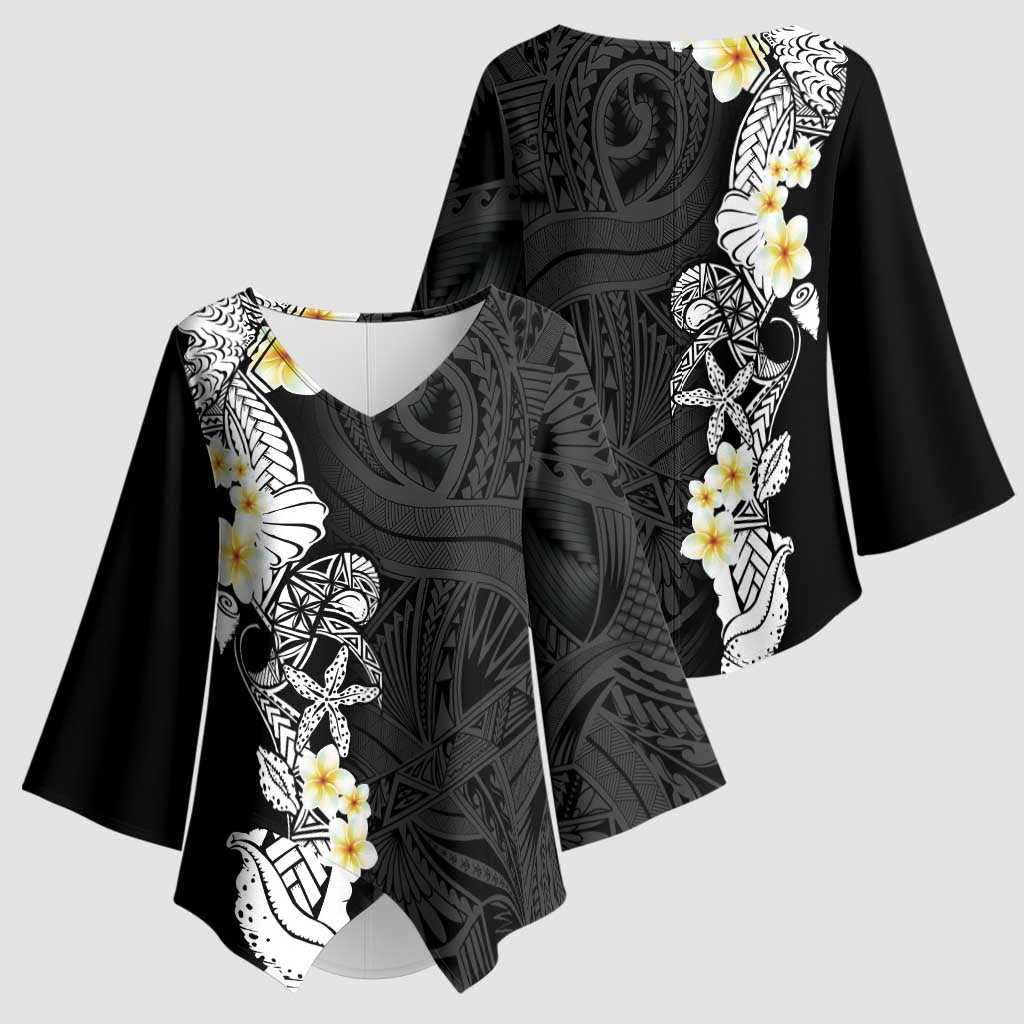 Black Samoa Tattoo Kimono Sleeve Blouse Plumeria Samoan Ocean Tatau Pattern - Polynesian Pride