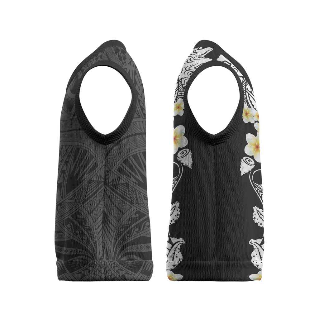 Black Samoa Tattoo Christmas Knitted V-Neck Vest Plumeria Samoan Ocean Tatau Pattern - Polynesian Pride