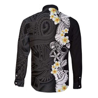 Black Samoa Tattoo Long Sleeve Button Shirt Plumeria Samoan Ocean Tatau Pattern - Polynesian Pride