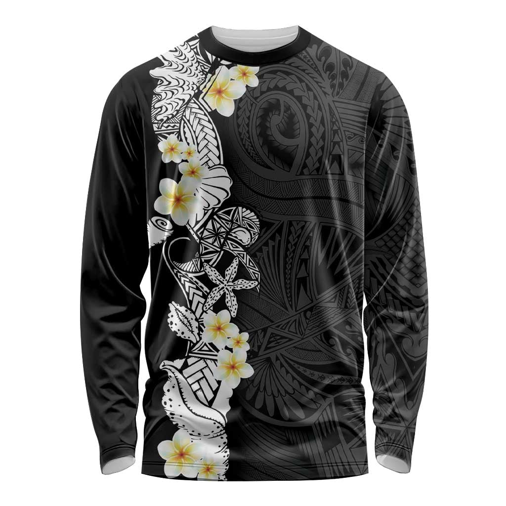 Black Samoa Tattoo Long Sleeve Shirt Plumeria Samoan Ocean Tatau Pattern - Polynesian Pride