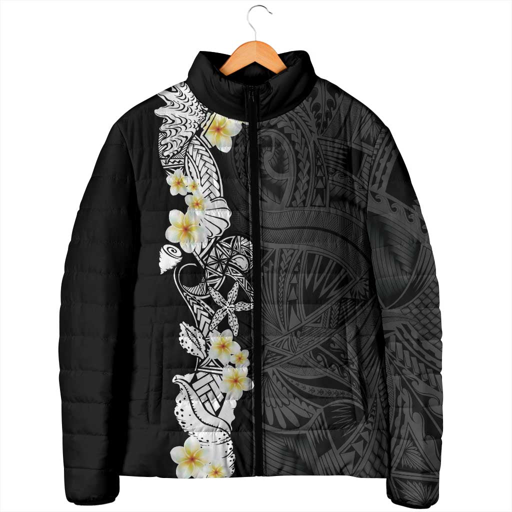 Black Samoa Tattoo Padded Jacket Plumeria Samoan Ocean Tatau Pattern - Polynesian Pride