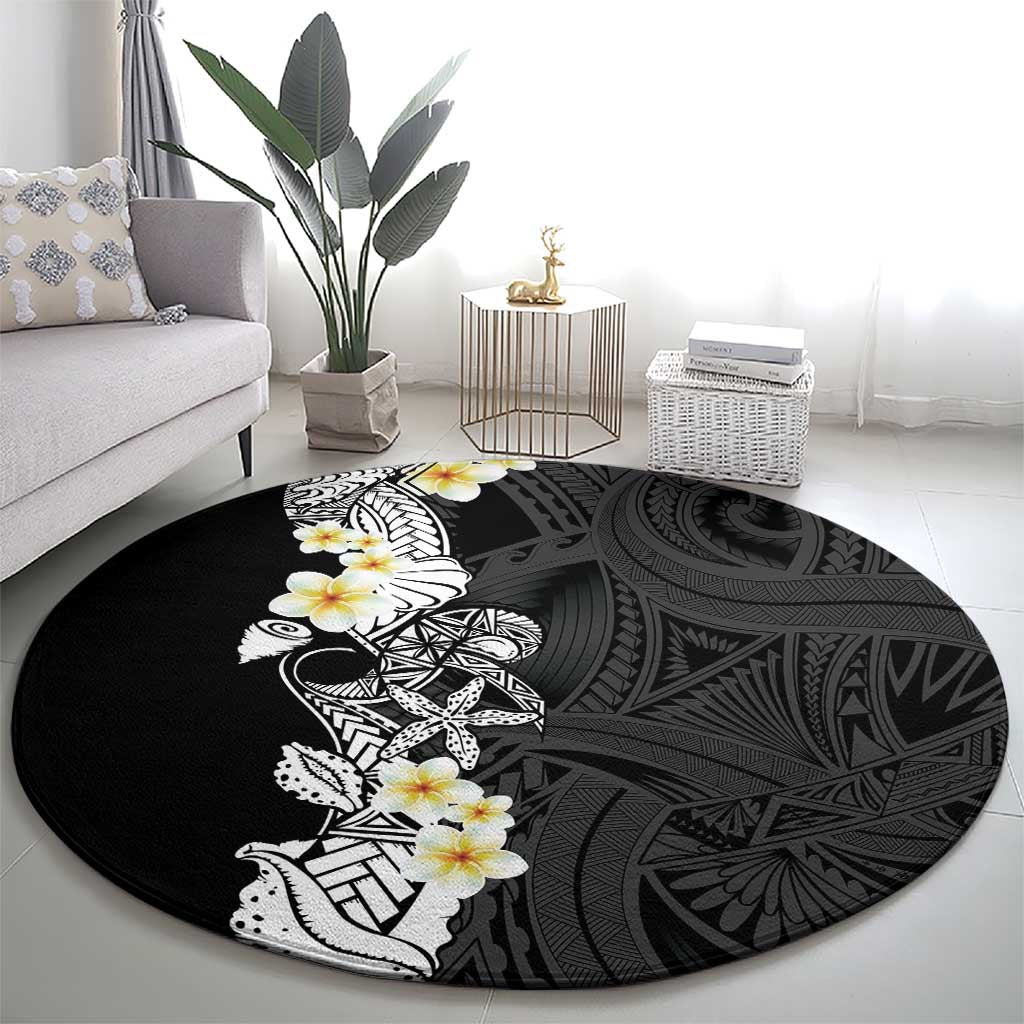 Black Samoa Tattoo Round Carpet Plumeria Samoan Ocean Tatau Pattern - Polynesian Pride