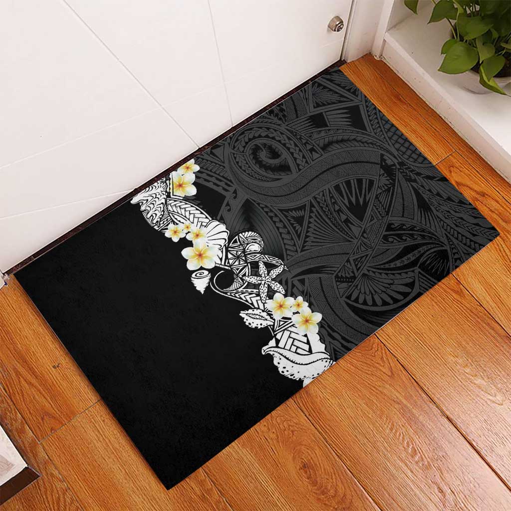 Black Samoa Tattoo Rubber Doormat Plumeria Samoan Ocean Tatau Pattern - Polynesian Pride