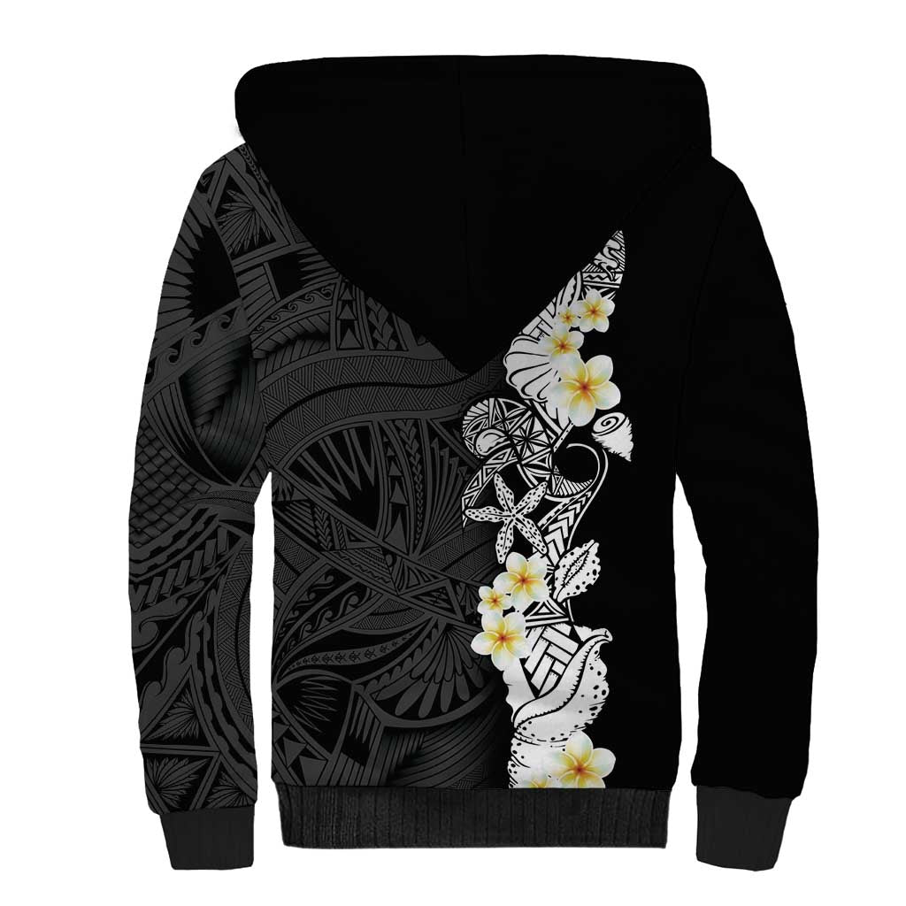 Black Samoa Tattoo Sherpa Hoodie Plumeria Samoan Ocean Tatau Pattern - Polynesian Pride