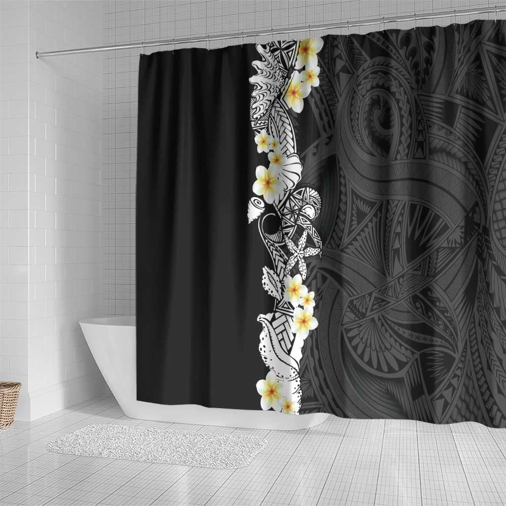 Black Samoa Tattoo Shower Curtain Plumeria Samoan Ocean Tatau Pattern - Polynesian Pride