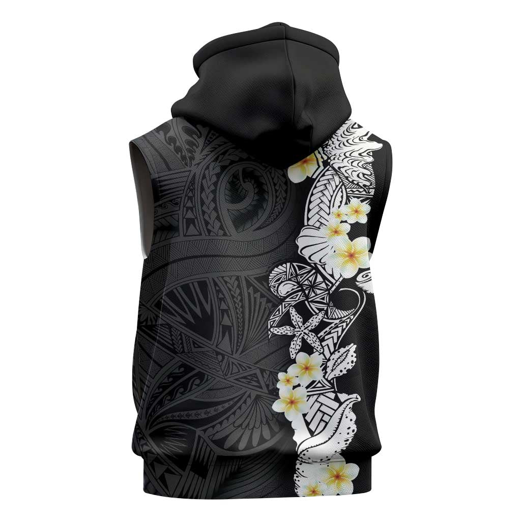 Black Samoa Tattoo Sleeveless Hoodie Plumeria Samoan Ocean Tatau Pattern - Polynesian Pride