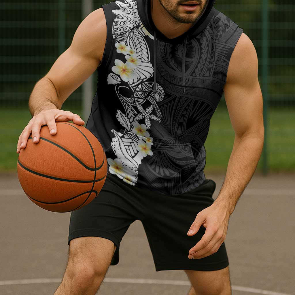 Black Samoa Tattoo Sleeveless Hoodie Plumeria Samoan Ocean Tatau Pattern - Polynesian Pride