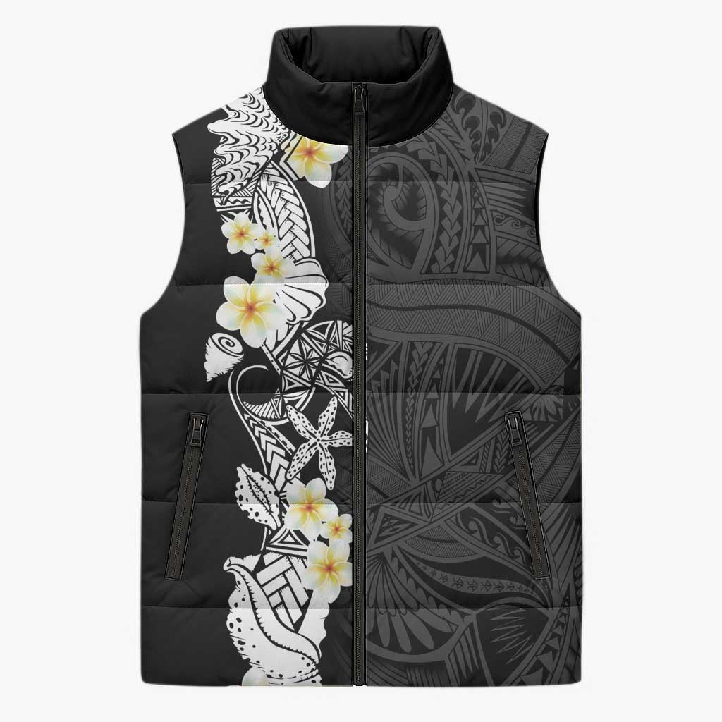 Black Samoa Tattoo Sleeveless Puffer Jacket Plumeria Samoan Ocean Tatau Pattern - Polynesian Pride